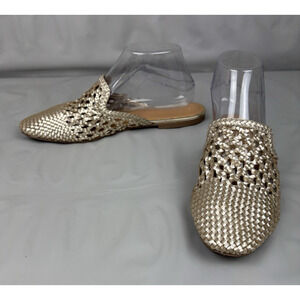 Salt + Umber Woven Leather Mules Slip On Flats Women's Size 9 Gold